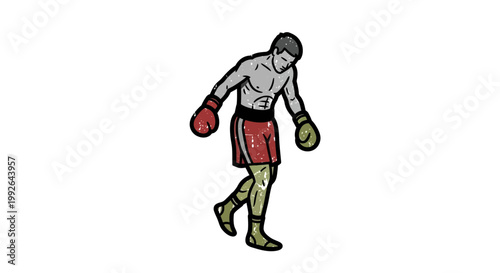 Boxer walking away, exhausted after fight, isolated on white background