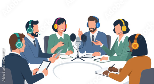 a group of people sitting around a table with headphones on and a microphone.