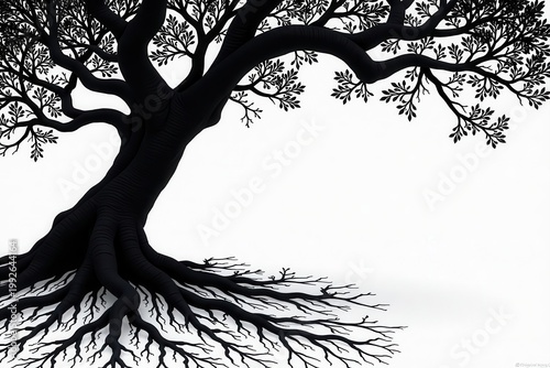 Intricate network of dark tree roots silhouettes on white , botanical, earthy, vine