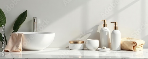 Luxury bath accessories arranged on pristine white marble, showcasing ample product placement , accessories, wellness, towel