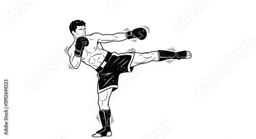 Martial artist performing a dynamic side kick in boxing gloves and shorts, black and white illustration.