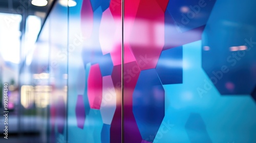Vibrant Abstract Geometric Patterns with Bold Colors and Smooth Gradients Reflected on a Glass Surface