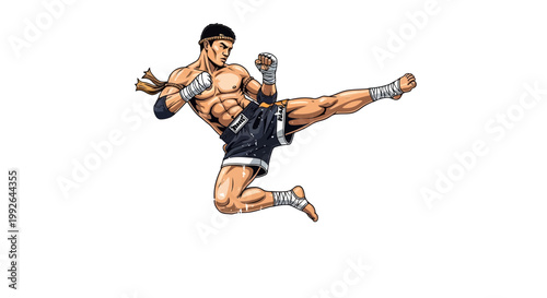 Martial artist performing a flying kick in Muay Thai