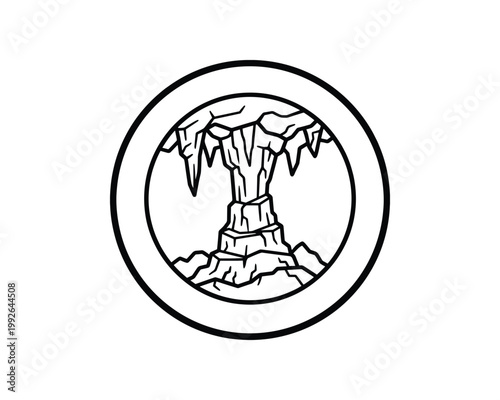 Outline drawing of a cave column formation with stalactites and stalagmites within a round frame.
