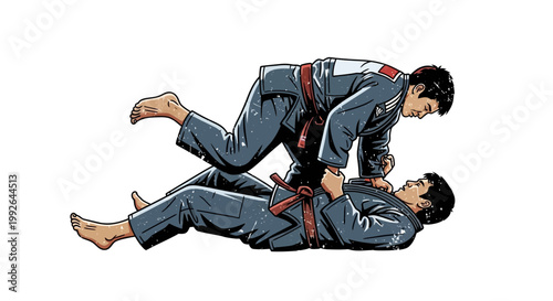 Martial arts athletes sparring in judo gis, one controlling the other on the mat.