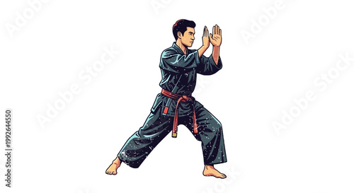 Martial arts practitioner in defensive stance, karate uniform, isolated on white background