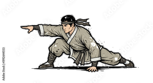 Martial arts master in traditional uniform practicing ancient fighting stance