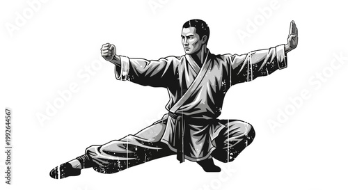 Martial arts practitioner in dynamic pose, black and white illustration