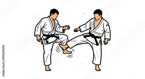 Martial arts practitioners in judo gi demonstrating a kick and block