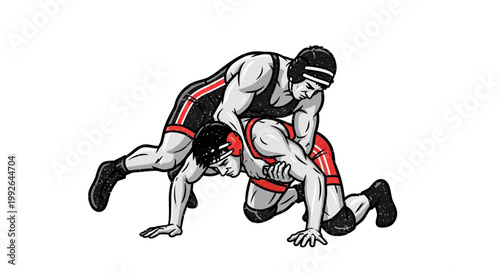 Two male wrestlers in action, one attempting a takedown on the other. Grappling sport illustration.