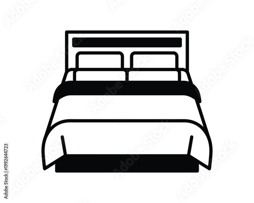 Outline icon of a double bed with two pillows and a folded blanket.