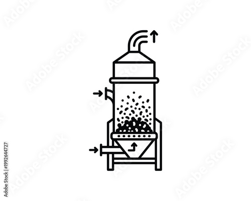 Outline icon of a granulator processing chamber with particles and directional flow.