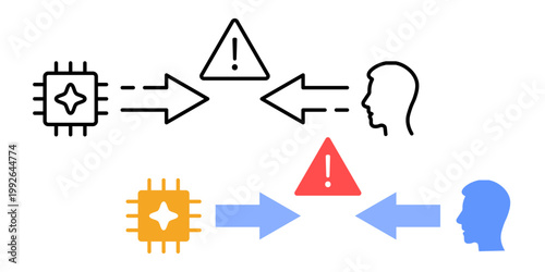 Decision conflict indicator symbol. Opposite direction arrows with warning sign between. AI and human disagreement concept. Simple geometric illustration.