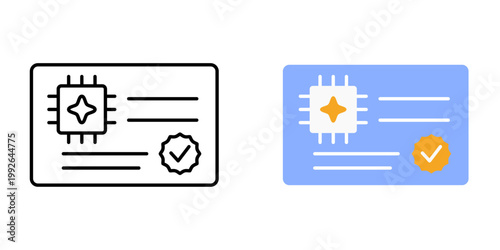 Recommendation approval symbol. AI output card with checkmark stamp. Human validation and approval of AI recommendation concept. Simple geometric illustration.
