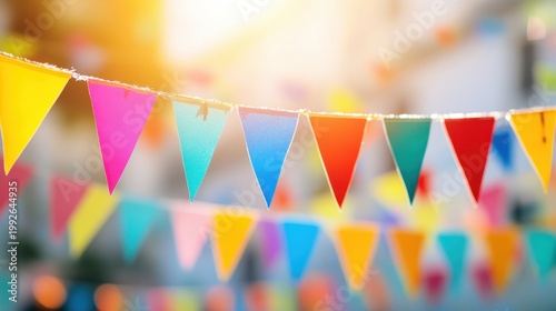 Vibrant triangular celebration banners strung across an outdoor event, illuminated by warm daylight