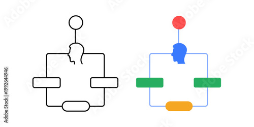 Human in loop workflow symbol. Flowchart with human node integrated into process. Human assisted AI system concept. Simple geometric illustration.
