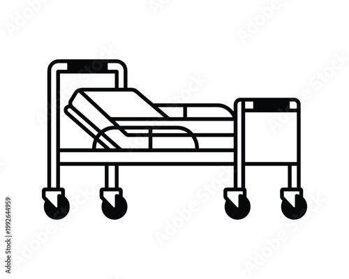 Outline icon of an empty hospital bed with adjustable mattress and casters for medical use.