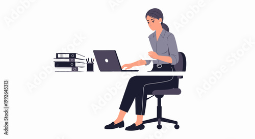 A focused young woman working diligently on her laptop at an office desk with files and stationery.