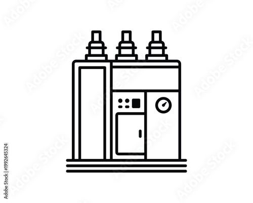 Outline vector icon of a gas insulated switchgear featuring a control panel and gauges.
