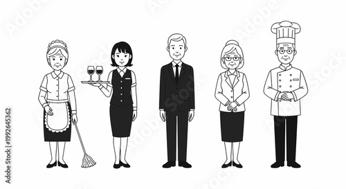 Black and white line art illustration of five hospitality industry professionals including a maid, waitress, manager, and chef standing side by side.