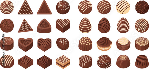 Assorted Chocolate Candy Vector Collection Featuring Hearts, Squares, Triangles, and Decorative Confectionery Designs