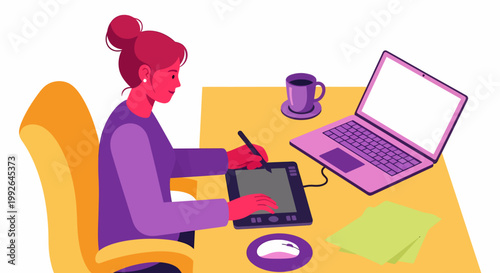 A woman with red hair working on a digital drawing tablet with a stylus, a laptop, and a coffee cup on a yellow desk.