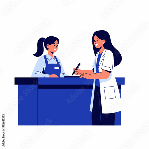 Professional interaction between a woman in a lab coat writing on a document and a woman in an apron at a reception or service desk, illustrating customer service or medical consultation.
