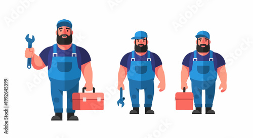 Cartoon illustration of three bearded mechanics in blue overalls holding wrenches and toolboxes.