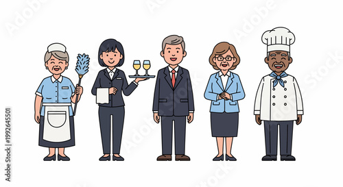 A diverse group of five service industry professionals including a housekeeper, server, manager, businesswoman, and chef standing together.