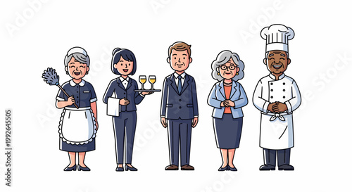 Diverse group of smiling hospitality staff members including a housekeeper, waitress, manager, professional, and chef, standing together.