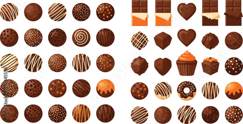 Chocolate Confection Vector Collection Featuring Truffles, Bars, Donuts, Cupcakes, and Decorative Dessert Designs