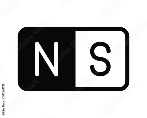 Rounded bar magnet vector icon in black and white, indicating North and South poles clearly.