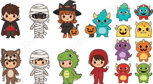 Halloween Kids Costume Character Set with Vampire Mummy Witch Werewolf Dinosaur and Colorful Monsters