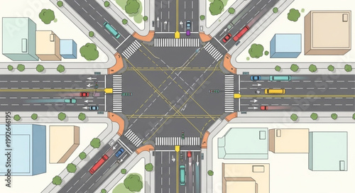 Aerial View of Busy City Intersection with Traffic and Buildings.