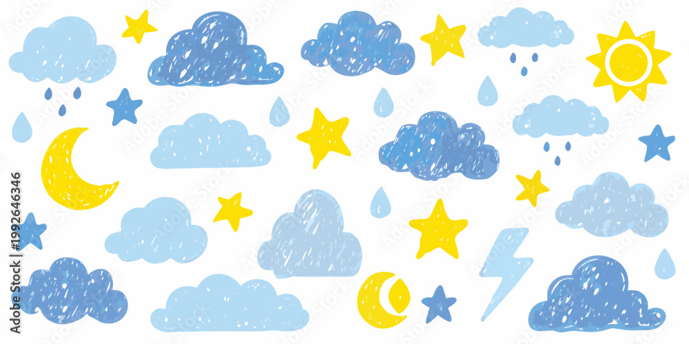 Obraz premium Colorful weather elements clouds stars sun moon rain and lightning
