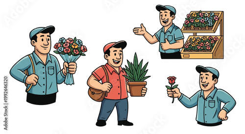 Floral shop employee actions delivering bouquets presenting flowers and offering assistance