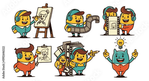 Cartoon characters engaging in creative and technical activities