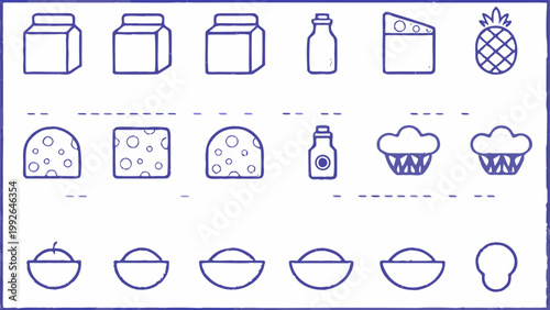 Line drawing of various grocery items including food and packaging