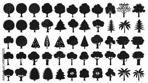 Collection of various black silhouette trees in different shapes and sizes