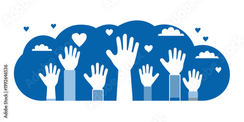Diverse hands reaching upwards toward a cloud with heart shapes
