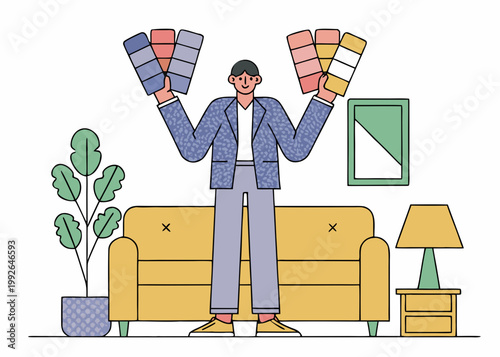 A man presents color palettes in a stylishly decorated interior space