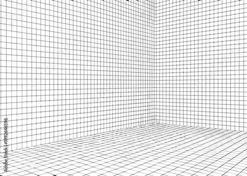 Abstract geometric grid pattern forming a corner of a room