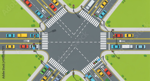 Busy Crossroads Intersection with Traffic Flow and Pedestrian Crossings.