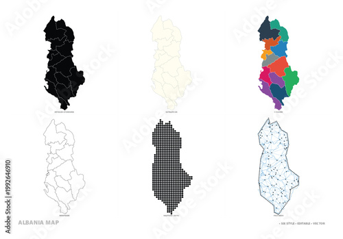 Six Albania map styles, including detailed, colored, outlined, dotted, and connected polygon maps.