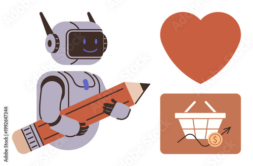 Artificial intelligence, creativity, e-commerce, digital marketing, innovation, robotics. Robot holding pencil, heart shape shopping cart with rising trends. AI creativity and e-commerce concept