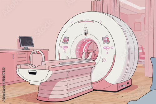 Medical facility shows MRI machine in room with pale pink walls and wooden floor, highlighting the technology used for health diagnostics