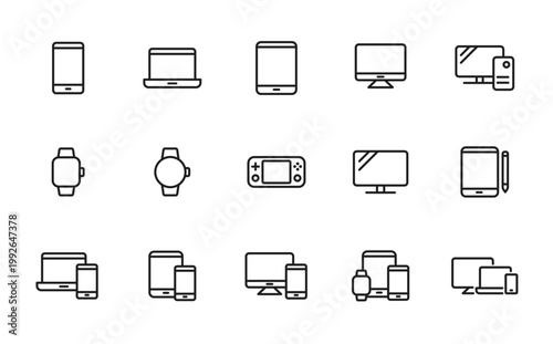 デジタルデバイスのラインアイコンセット　シンプルでモダンなUI用ベクター素材