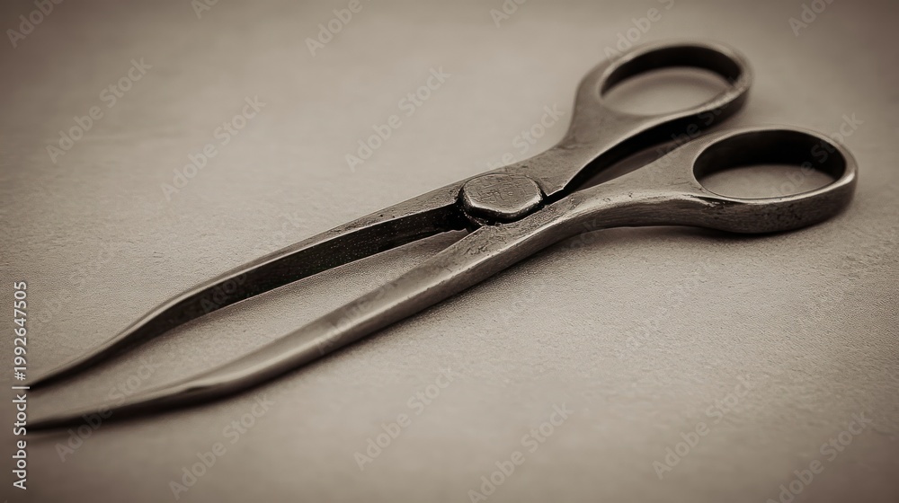 Obraz premium antique metal scissors on textured surface, close-up still life conveying a nostalgic and contemplative mood
