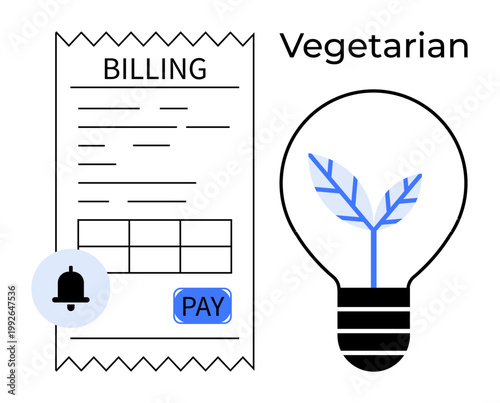 Sustainability, green living, payment systems, energy innovation, eco-friendly lifestyle, minimalist design. A billing receipt and lightbulb with plant icon. Sustainability and green living concept