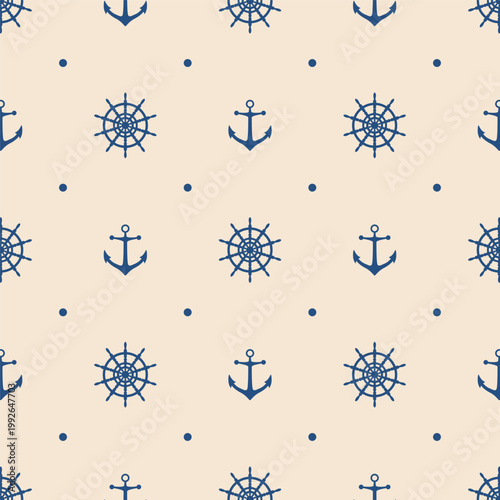 Nautical seamless pattern with blue anchors and ship wheels on beige background
